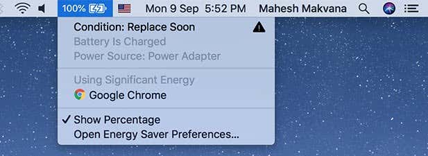 Show the Percentage menu under the Battery icon