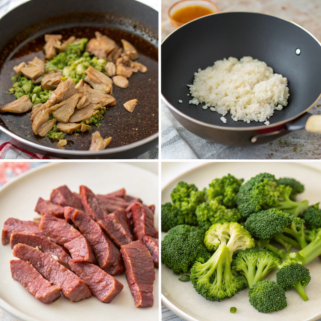 Step by step process of making beef and broccoli stir fry