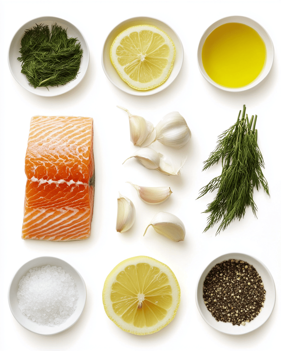 Cedar plank salmon with lemon and dill ingredients