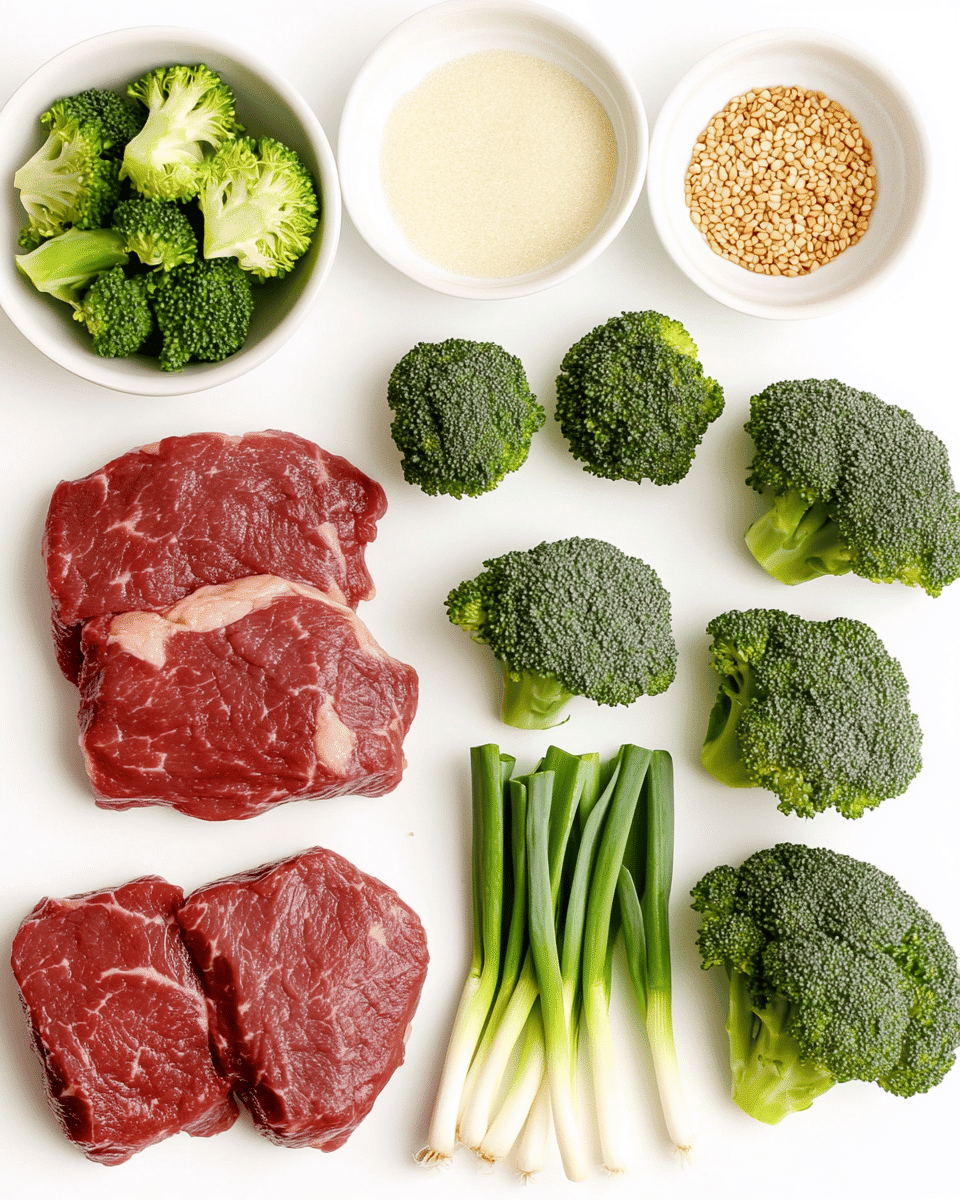 Beef and broccoli ingredients including flank steak, broccoli florets, ginger, garlic, and sauce ingredients