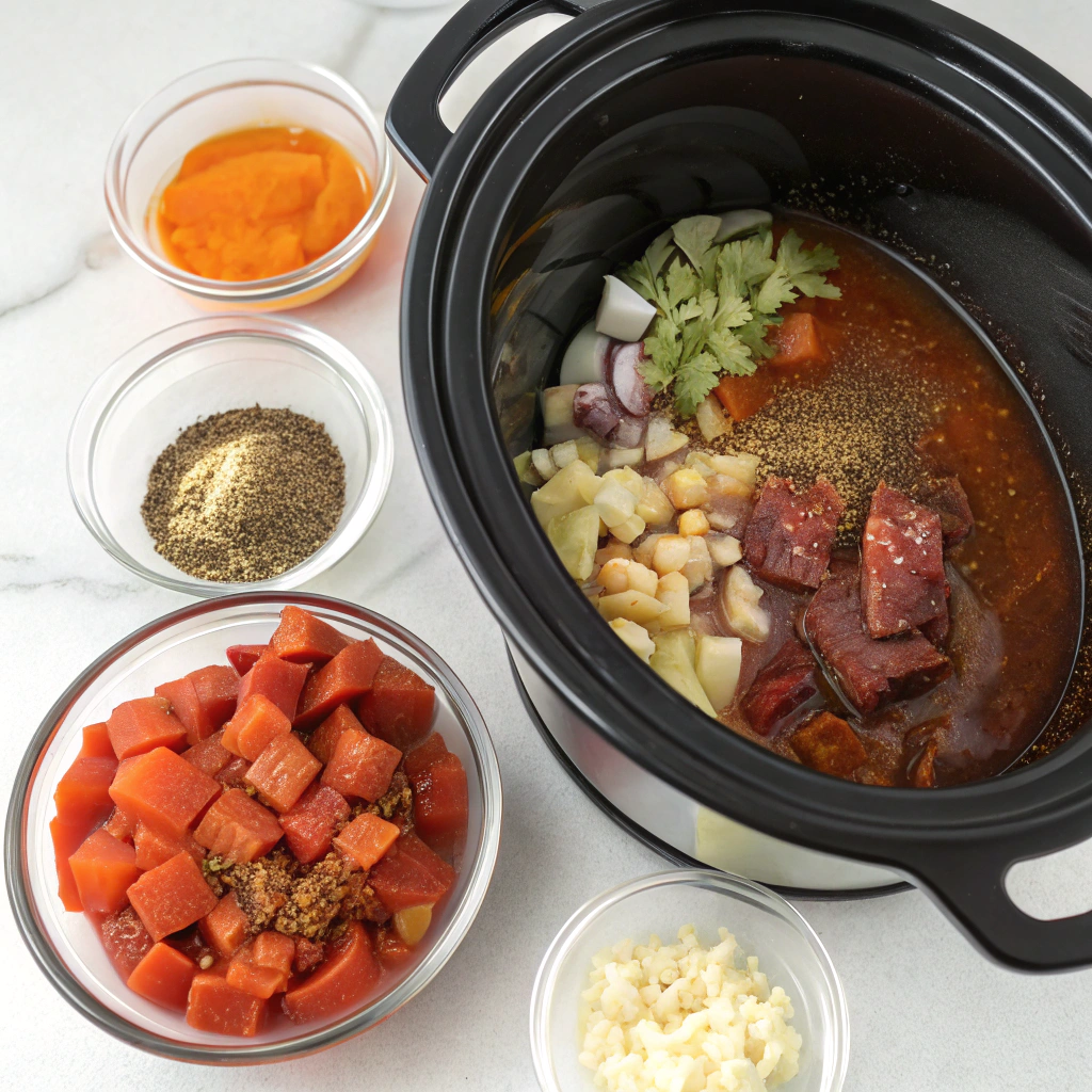Step-by-step process of prepping ingredients and loading them into a Crockpot