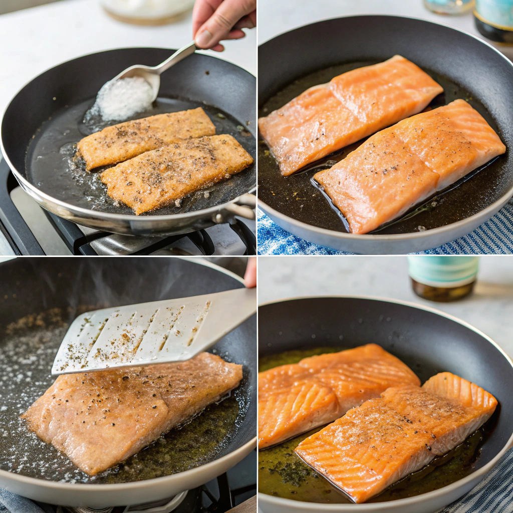 Step by step process of making simple pan-seared salmon showing the progression from raw seasoned fillets to perfectly seared golden salmon