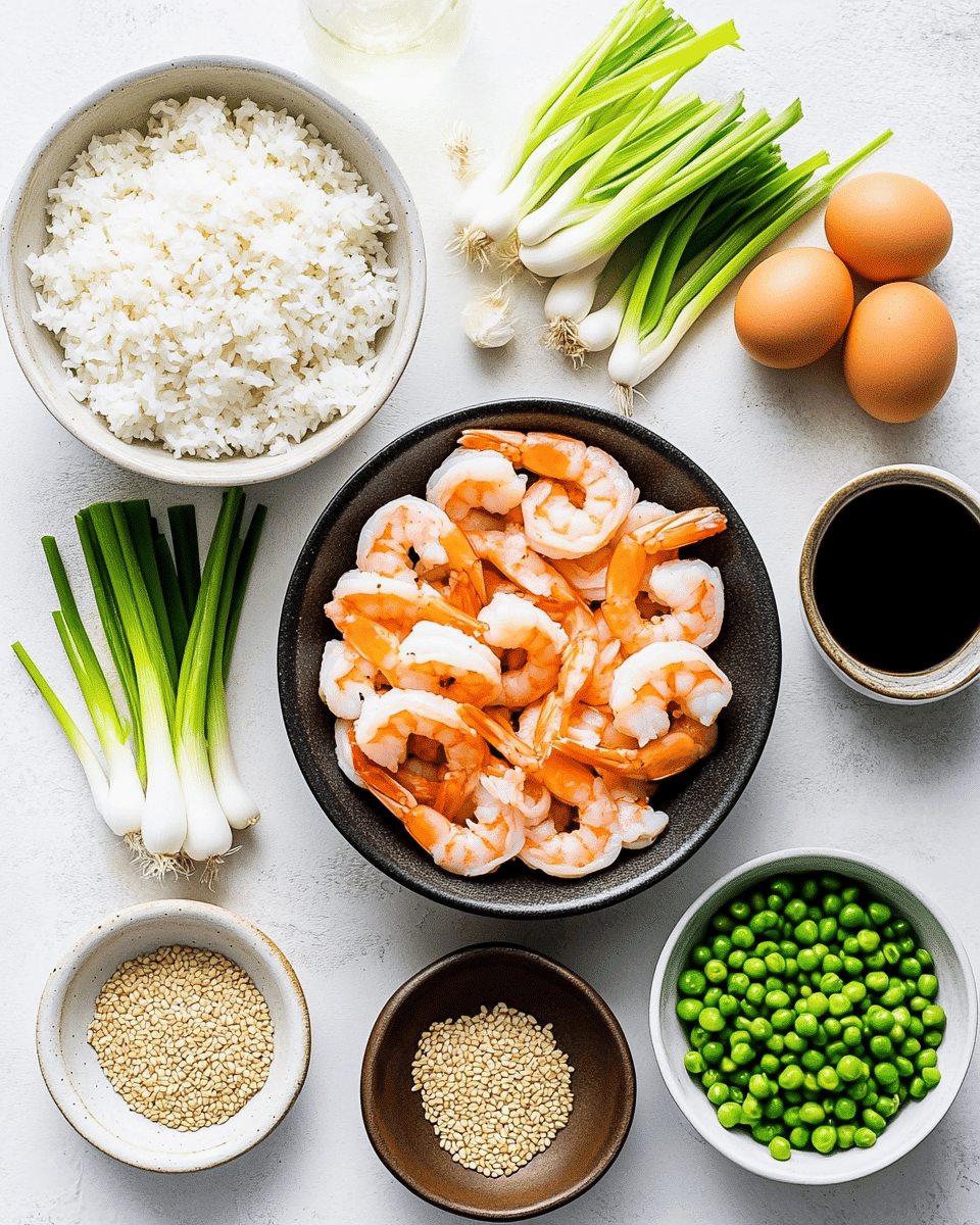 Shrimp fried rice ingredients arranged on a wooden cutting board, including fresh shrimp, rice, vegetables, soy sauce, and sesame oil