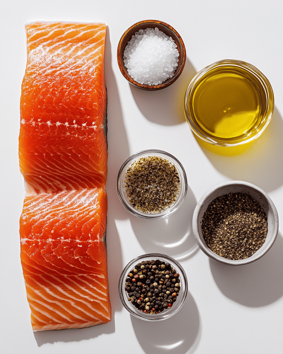 Simple pan-seared salmon ingredients including fresh salmon fillets, kosher salt, black pepper, olive oil, butter, garlic, and lemon