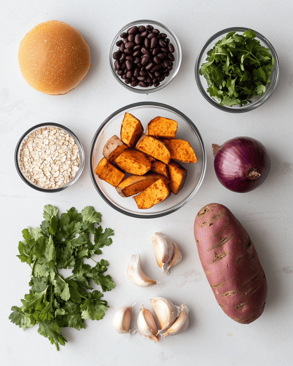 Sweet potato burger ingredients with vibrant orange sweet potatoes, black beans, oats, and spices arranged on a wooden cutting board