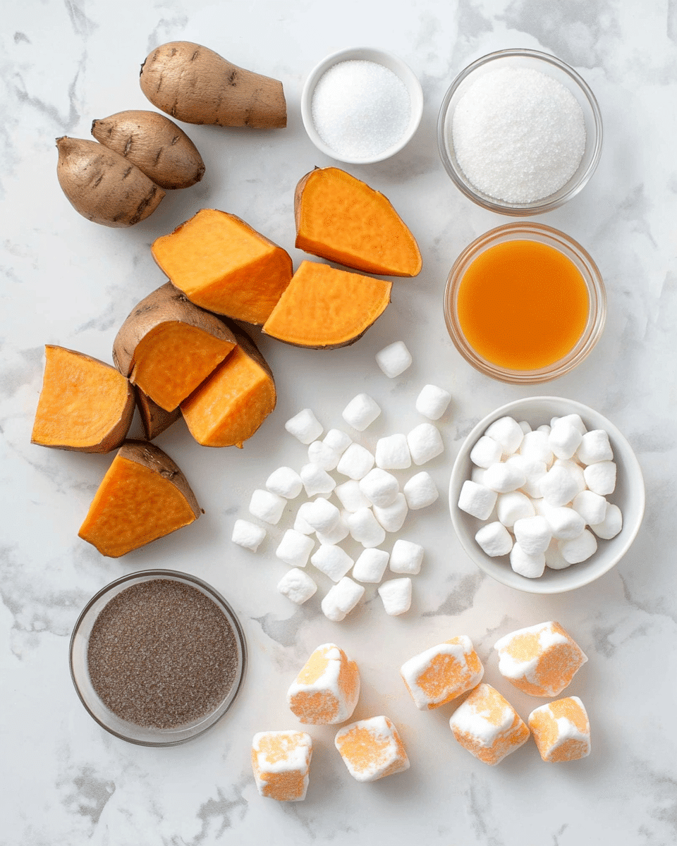 Sweet potato casserole ingredients including sweet potatoes, brown sugar, butter, marshmallows, and spices arranged on a wooden surface